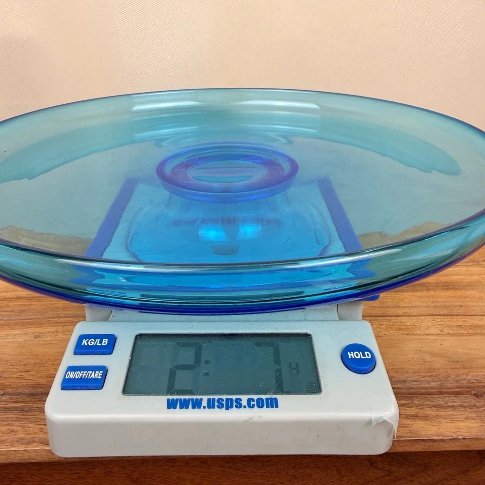 Vintage Aqua Blue Hand Blown Glass Cake Stand Pedestal Chip Dip Server 10 Inch